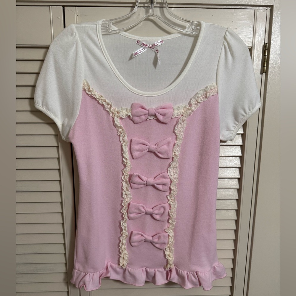 Ancoco pretty pink bow ruffle lace shirt sleeve top